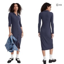 Madewell Petite Medium Button-Front Midi Shirtdress Dark Baltic Ribbed Blue