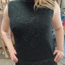 True vintage 60s mod black wool and Angora beaded/sequined sleeveless top, small