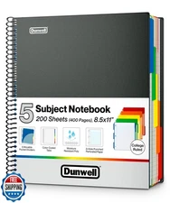 Dunwell 5-Subject Notebook, College Ruled, Colorful Movable Pocket Dividers w