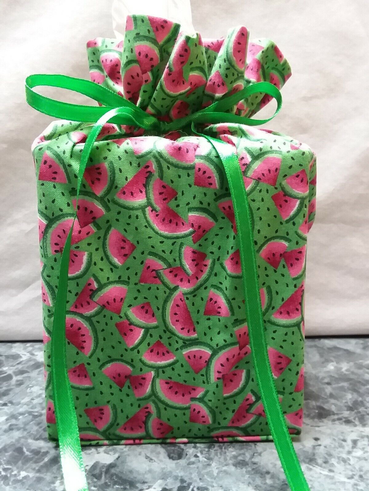 Watermelon Slices Handmade, square tissue box cover, on cotton f