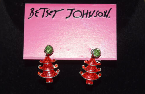  BETSEY JOHNSON GREEN CRYSTAL & RED SPARKLE ENAMEL CHRISTMAS TREE EARRINGS  - Picture 1 of 3
