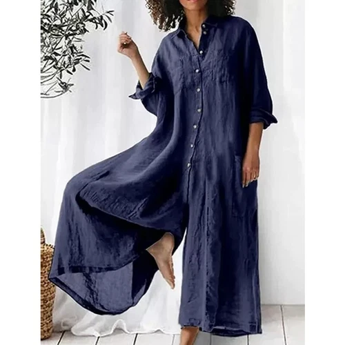 Elegante mono de mujer de lino con botones manga larga pierna ancha pantalones palazzo de playa - Imagen 9 de 52