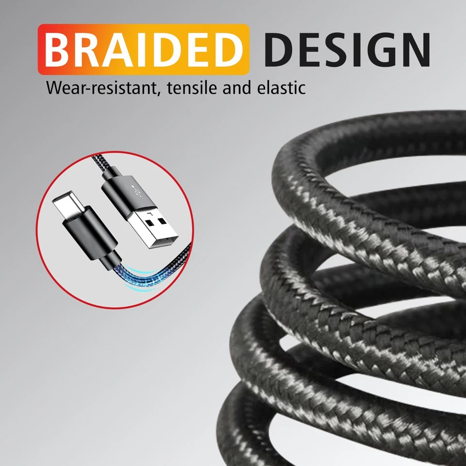 USB A to USB C Cable Fast Charging Type C Cord Nylon Braided Only Android Device - Image 2 of 4