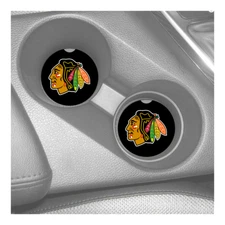 CHICAGO BLACKHAWKS BLACK BACKGROUND RUBBER CAR COASTERS SET (2) 
