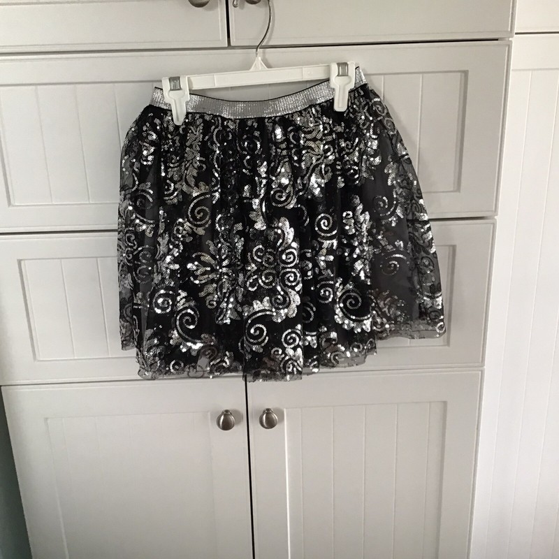 Kate Mack Glitzy Black & Silver Lined Girl’s Skirt Elastic Waist Size 14