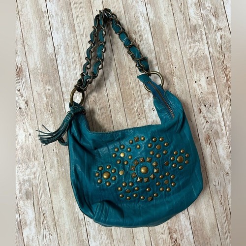 Vintage Steve Madden Y2K teal blue leather studded fringe crescent hobo purse