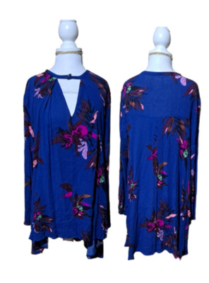 Free People Dress Women XS Tree Swing Blue Tunic Floral Keyhole Boho Long Sleeve