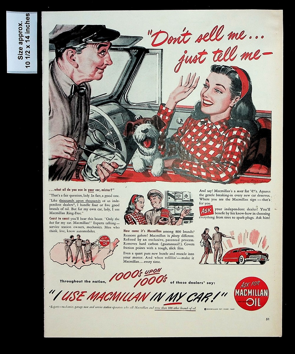 1947 MacMillan Oil Car Service Woman Dog Vintage Print Ad 31499