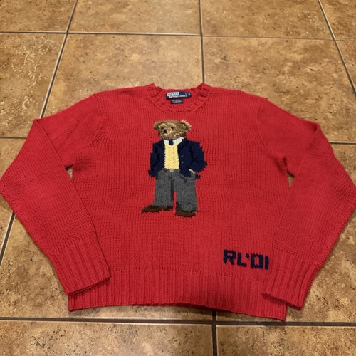 Vintage Polo Ralph Lauren Bear Executive Sweater Mens Medium Red Hand Knit 2001 - Image 1