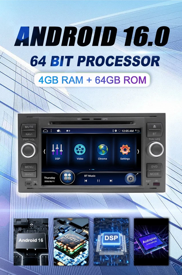 DAB+CD/DVD Autoradio Android16 Für Ford Transit Kuga Fiesta C/S-Max GPS DSP 64GB - Bild 3 von 4