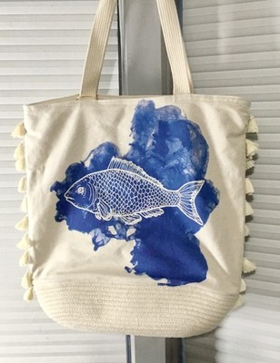 NEW w/TAG LARGE-Sun N Sand Fish Design Tassel Tote Bag- Zip Close-Beach/Vacay