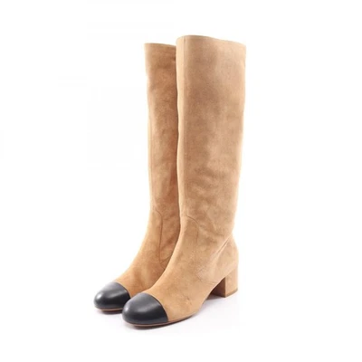 Bottes longues CHANEL COCO Mark G45903 cuir daim beige noir femme CC - Photo 1/4