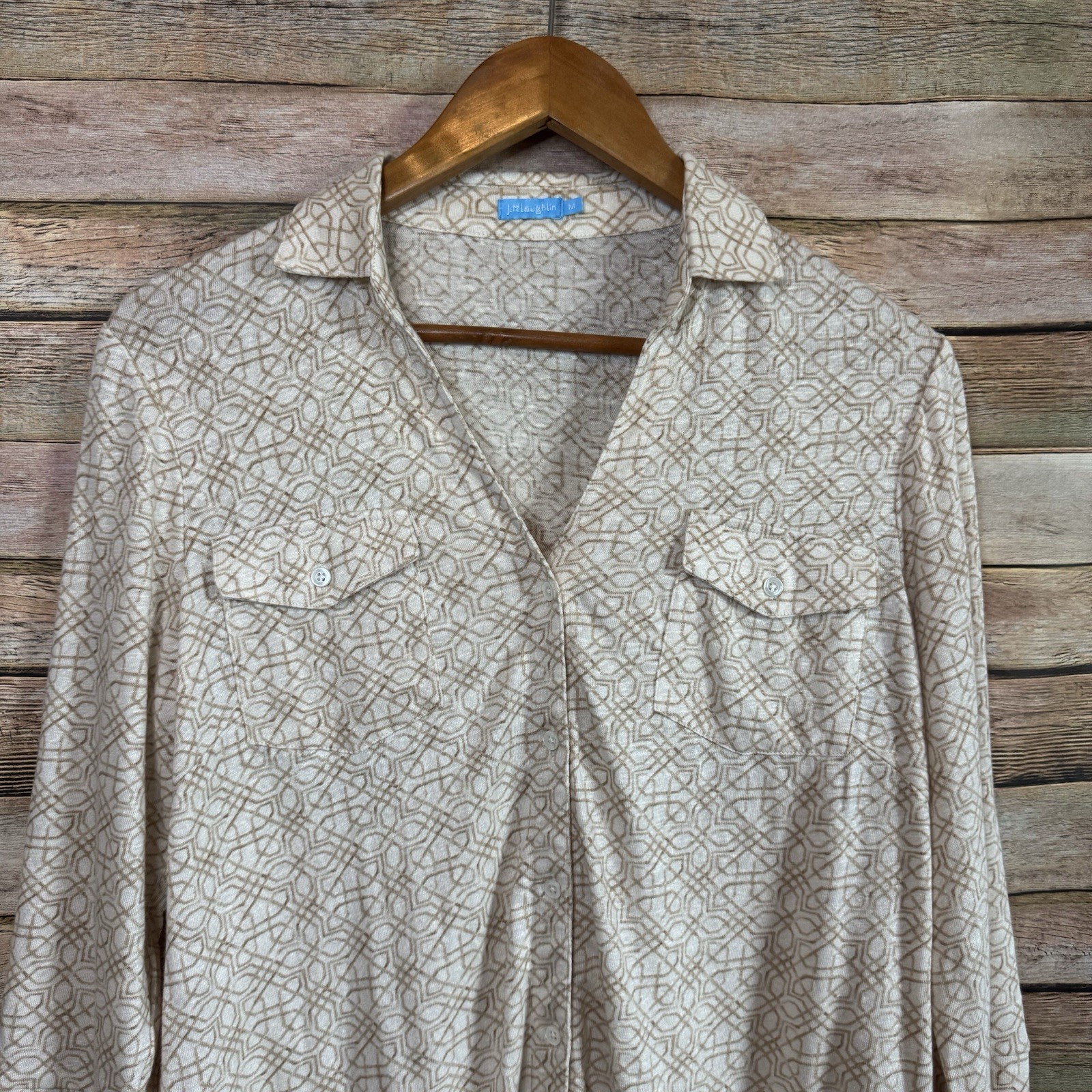 J. McLaughlin Women's Brynn Linen Blend Geometric Print 3/4 Sleeve Top Size M