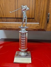 Vintage Golf Trophy Gold Tone Golfer Atop Marble Wood Base NO Inscription