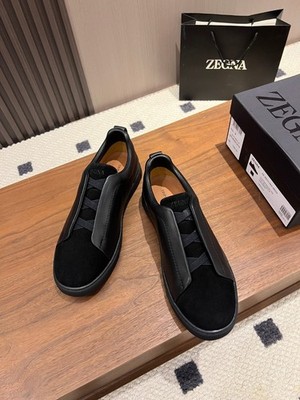 Zegna Triple Stitch Sneakers Black Leather Suede Slip On Shoes Men s EU42