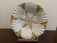 19th Century Meissen Rococo Gilt Cattail Oyster Shell 10.75" Scalloped Bowl #1