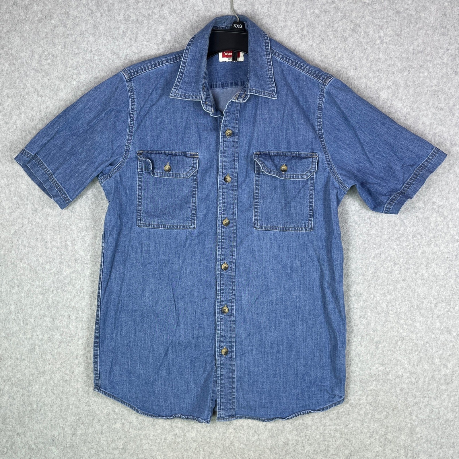 Wrangler Shirt Mens Small Denim Short Sleeve Button Front Western Pocket Blue
