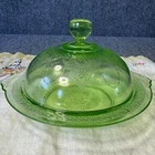 Vintage Georgian Green Depression Glass Covered Butter Dish Love Birds 8”