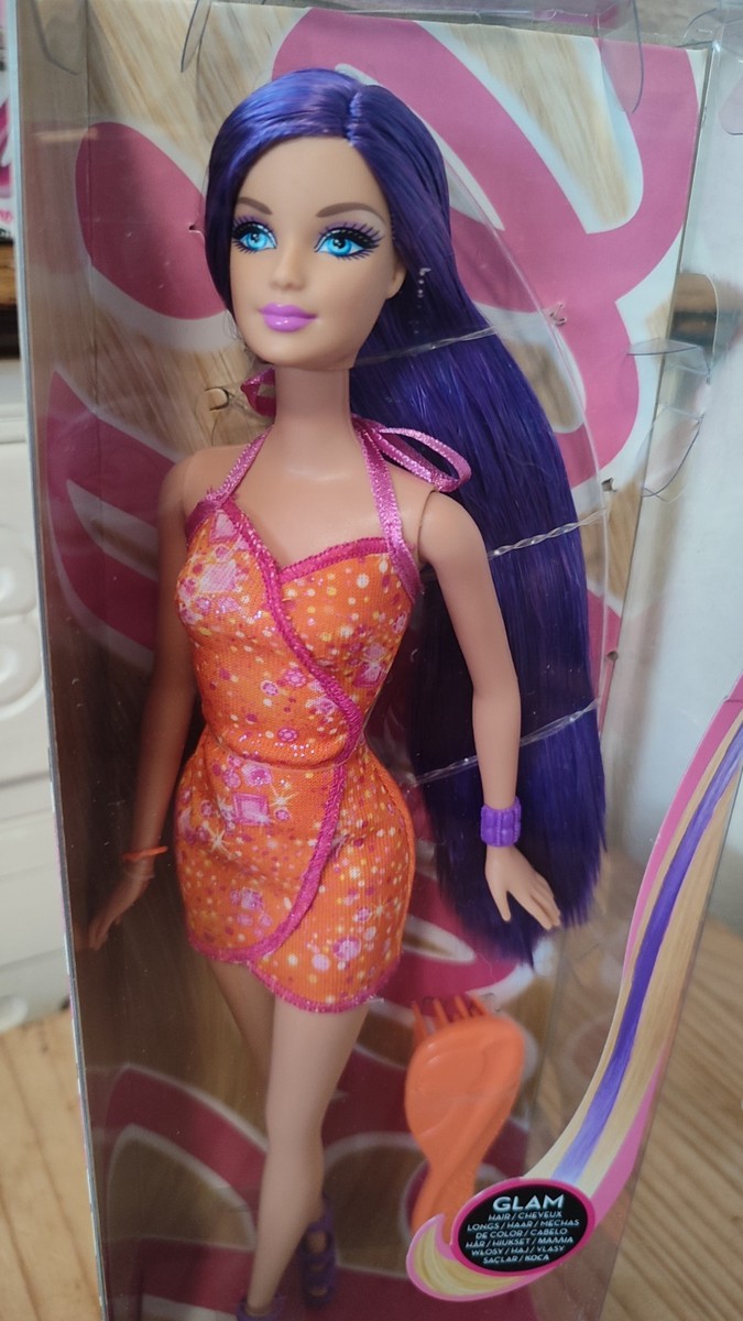 barbie hairtastic orange dress long purple hair doll Barbie Doll Hairtastic Orange Dress Long Purple Hair 2012