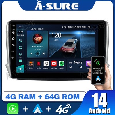 4G+32G Android 14 Autoradio GPS 4G CarPlay DSP FM Für Peugeot 208/2008 2012-2018