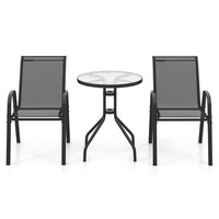 3 Piece Outdoor Bistro Set with 2 Stackable Chairs-Grey