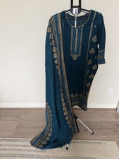 3 PC NEW Blue Block Print Pakistani Shalwar Kameez- FREE SHIPPING