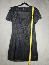 Bebop Black & Silver Dress Angled Ruffled Front Sheer Overlay Black Lining Sz M