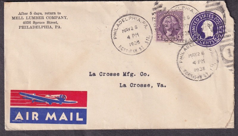 1938 cover Mell Lumber Company Philadelphia to La Crosse Manufacturing Co VA