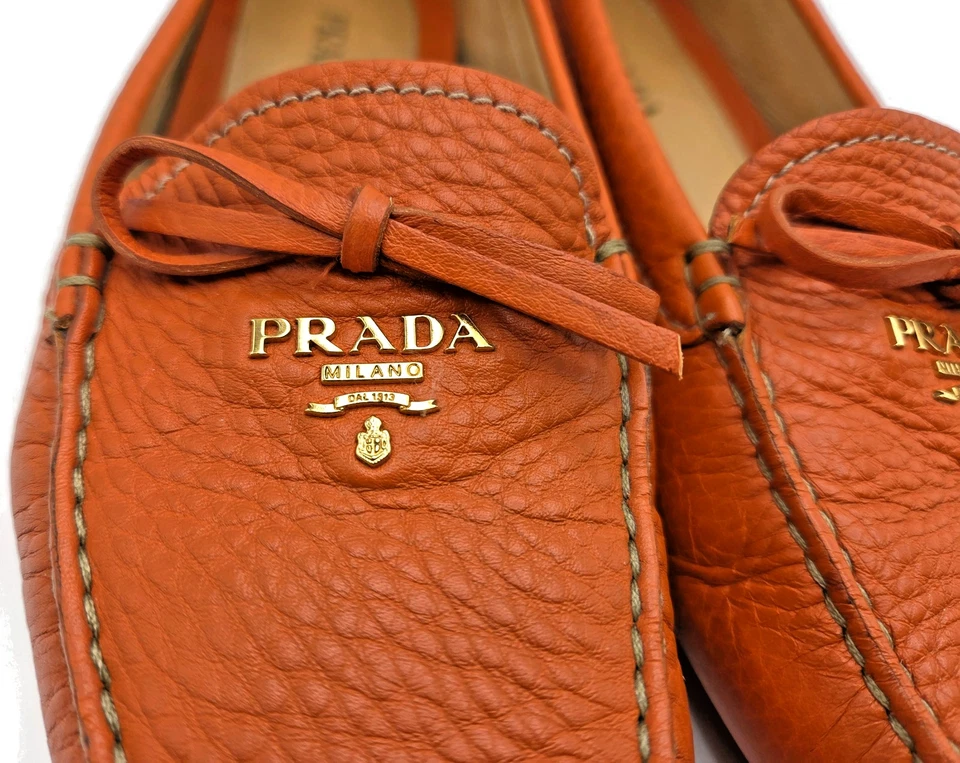 Mocasines Prada Naranja Papaya Cuero Guijarro Sin Cordones Planos para Conducir para Mujer Talla 39 Foto 4 de 4