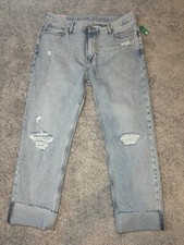 NWT GAP Boy Jean, Mid Rise, Distressed, Cuffed Jeans, Blue, Size 33 Tall/16 Tall