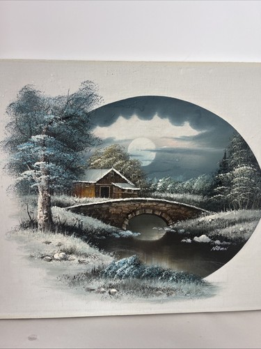 Stein Brücke Gemälde Snowy River Moon Original Acryl Signiert 16x12 Vintage 89 - Bild 3 von 13