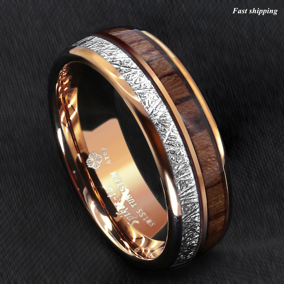 8mm Rose Gold Dome Tungsten Ring Silver Koa Wood Inlay Bridal ATOP