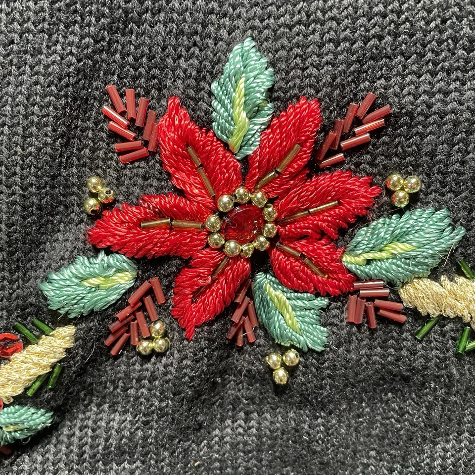 Theme Works by Kikit Christmas Black Turtleneck Sequin Red Poinsettias Size PL - Image 3 of 4