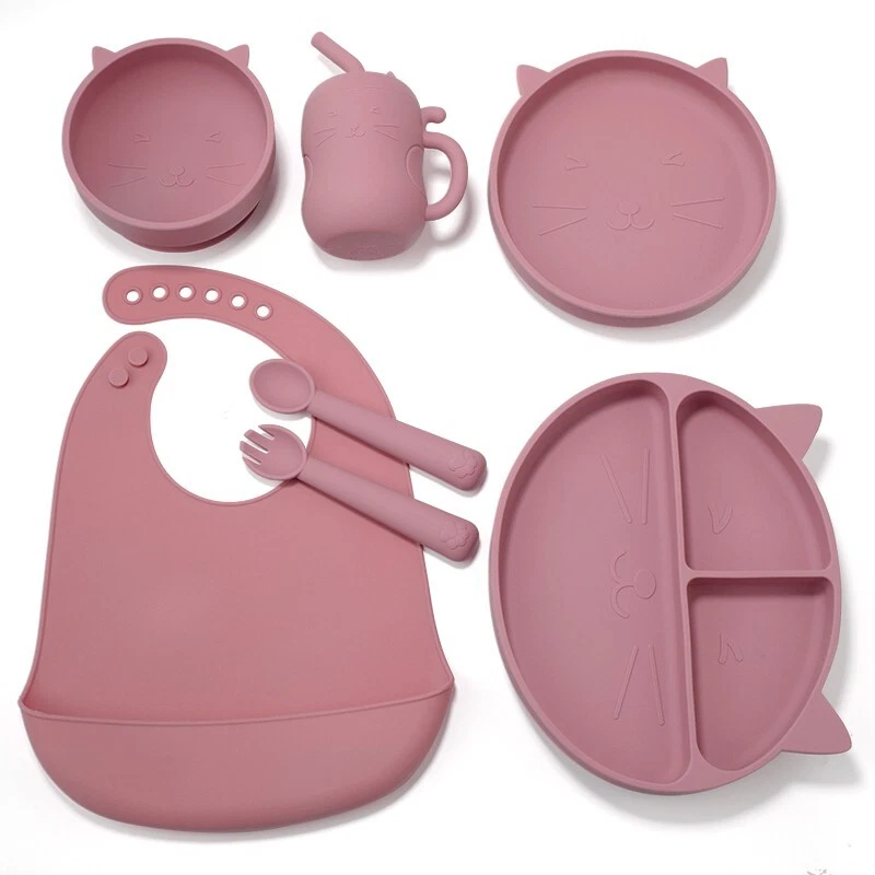 Silikon Geschirr Set BPAfrei Teller Tasse Löffel Gabel Lätzchen Rutschfest Baby - Bild 3 von 4