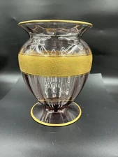 Fostoria Vase Rose Optic Glass # 2369  Gold Gilt With Dragon Image.