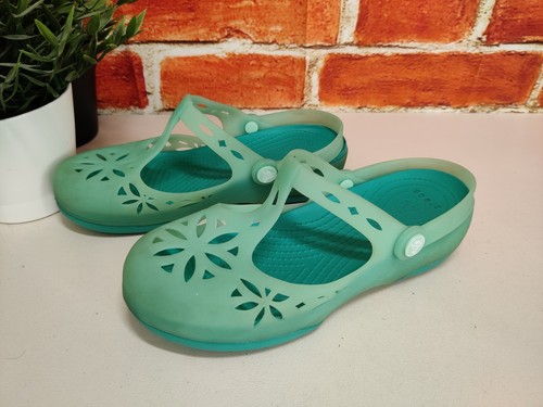 CROCS GREEN BEACH SHOES UK 4 US W6 T-BAR LOW WEDGE GIRLS WOMENS SUMMER SANDALS