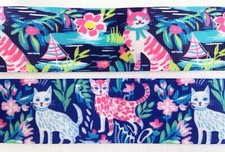 Pink blue cats sailboat flowers navy Grosgrain ribbon 5/8" 7/8" 1.5"