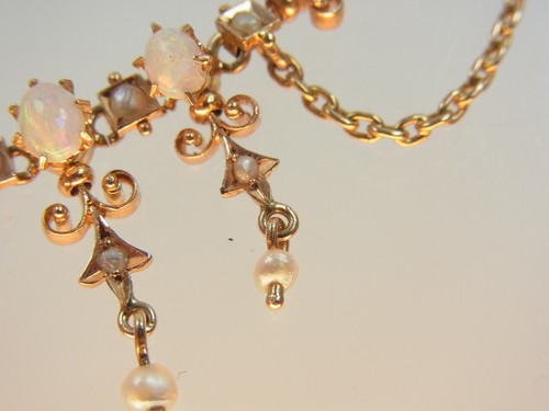 Antique Art Nouveau Precious Opal Necklace 585 RG with Pearls & Ruby Fine Floral 1910 - Picture 8 of 24