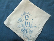 Vtg linen ladies handkerchief hand embroidered blue cutwork applique  mono E