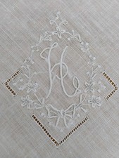 Vgt H Monogram White Embroidered White Linen Hankie Handkerchief