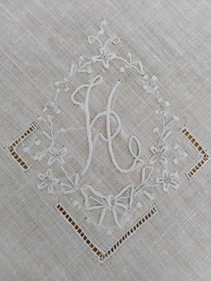 Vgt H Monogram White  Embroidered White Linen Hankie Handkerchief