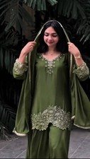 New Beautiful Green Chinnon Silk Kurta Palazzo With Dupatta For Women