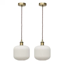 Set of 2 White Glass Antique Brass Ceiling Light Kitchen Dining Vintage Pendant