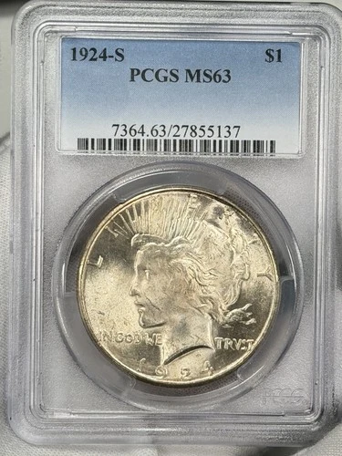1924-S $1 Peace Dollar PCGS MS63 Silver San Francisco One US Coin SEMI KEY DATE!