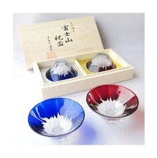 Tajima Glass Edo Glass Blue and Red Fuji Engraved Glass Set in Wooden Box, Mount