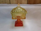 Vintage Jeanette Red Yellow Glass Square Pedestal Candy Dish with Lid