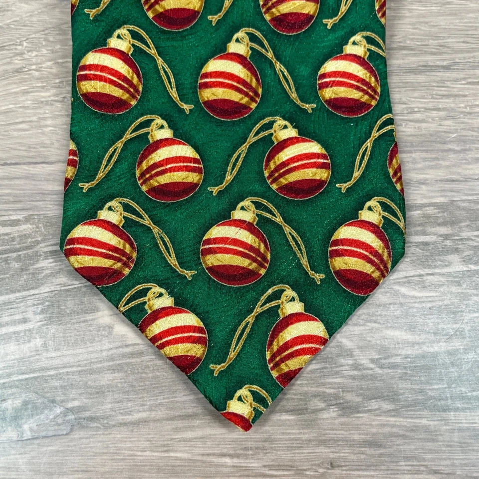 J Z Richards Nordstrom Mens Green Red Gold Holiday Christmas Ornament Silk Tie - Image 3 of 4