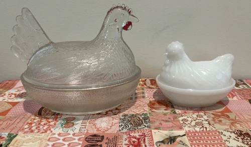2 Vintage Hens on Nests Covered Dishes - 4.5" x 3.5"  and 5.5" x 6.5"