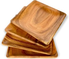 Set of 4 Square Acacia Wood Plates 8 inch Rustic Salad Side Dish Dessert