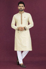 Men  s Silk Blend Kurta Gold Embroidered Mandarin Collar Festive Ethnic Wear